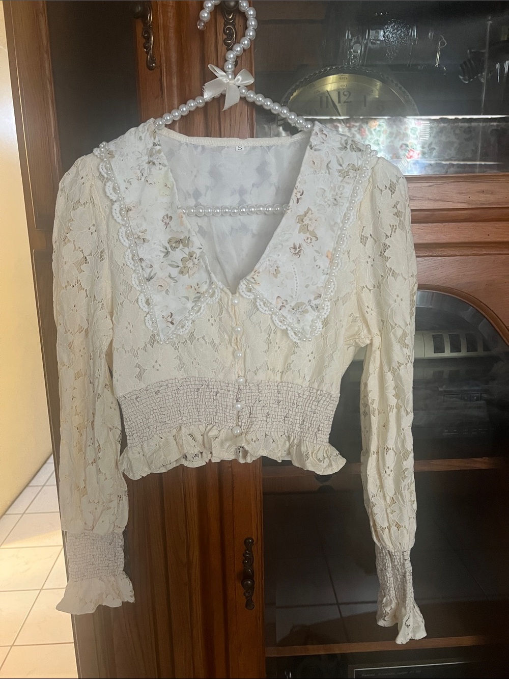 Ivory Lace Smocked Blouse with Floral Peter Pan Collar